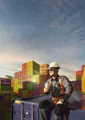 Happy Engineer sit in stack containers. His happy drinking coffee after successful work. Photo with 3d render composing 