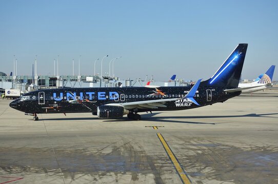 CHICAGO, IL -23 FEB 2020- View of an airplane from United Airlines (UA) painted in Star Wars colors at the Chicago O'Hare International Airport (ORD) in Chicago, Illinois, United States.