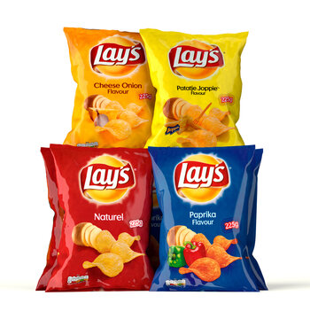 Netherlands, Haarlem - 16-01-2020: Various Lays potato chips in a studio setting, isolated on white, 3d illustration