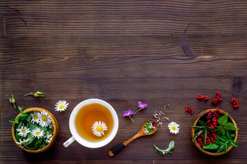 Layout of herbal tea with fresh summer herbs and wild flowers