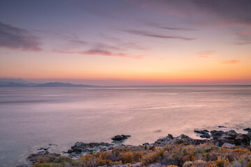 Sunset on the north western coast of the Mediterranean island of Corsica, France.