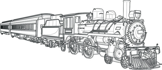 Realistic steam train sketch template. Cartoon vector illustration in black and white for games, background, pattern, decor. Print for fabrics and other surfaces. Coloring paper, page, story book © Tatiana