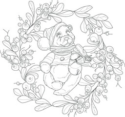 Cartoon Christmas New Year berry wreath teddy bear inside template. Vector illustration in black and white for games, background, pattern, decor. Print for fabrics and other surfaces. Coloring paper