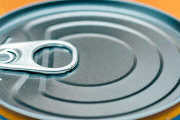 Close up view of aluminium can with opening ring indoor studio shot