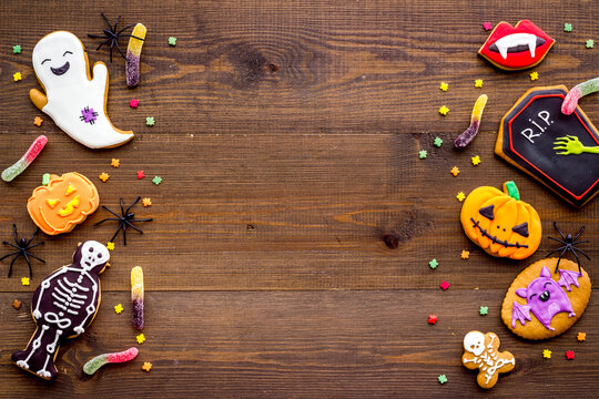 Overhead View Of Halloween Decorations With Cookies And Candies, Top View