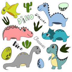 Set of cute dinosaur print. vector illustration. Doodle style dinosaurs, cartoon kind characters. Isolated on a white background.