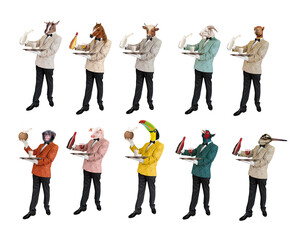 groupe, animaux serveur, hybride, humain, animale,  restauration, hôtellerie, isolé, jeune, vache, cochon, coq, mouton, faisan, cheval, girafe, lion, cheval, lézard, ours, singe, toucan, chat, zèbre, 