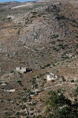 Stone towers at the medieval village of Vathia in southeastern Laconia, Peloponnese region, Greece.
