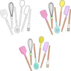 Cooking utensils in pastel colors. Vector illustration for games, background, pattern, decor. Print for fabrics and other surfaces. Coloring paper, page, book