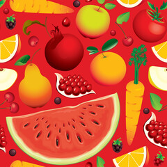 Seamless pattern with various whole and sliced fruits, berries, vegetables on a red backdrop. Summer vector background with juicy fruits, suitable for wallpaper, wrapping paper, textile, design