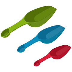 Set of plastic kitchen scoops isolated on white background. Green, blue and red scoop, kitchen utensil. Vector illustration