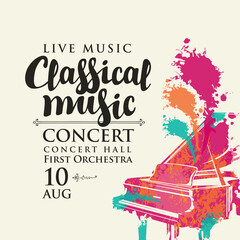 Poster for a live classical music concert. Vector flyer, invitation, ticket or advertising banner with an abstract image of a grand piano in the form of bright spots of paint © paseven
