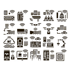Internet Of Things IOT Glyph Set Vector Thin Line. Wifi Signal In Bus And Truck, Cctv Camera And Drone Internet Of Things Glyph Pictograms Black Illustrations