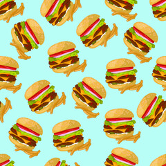 Realistic cheeseburger with fries seamless pattern. Cartoon vector illustration on light blue background for games, background, pattern, decor. Print for fabrics and other surfaces.