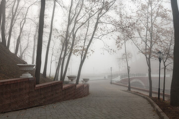 Cozy alley in a city foggy park in the fall. Gomel, Belarus