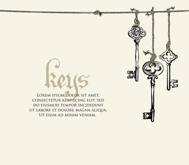 Banner with a vintage keys and place for text on a light background. Vector illustration in retro style with a hand-drawn old keys hanging on a rope