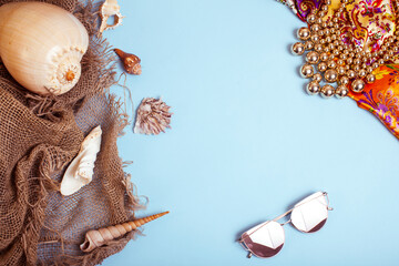 diverse travel girlish stuff on colorful background blue and yellow, nobody tourism lifestyle concept