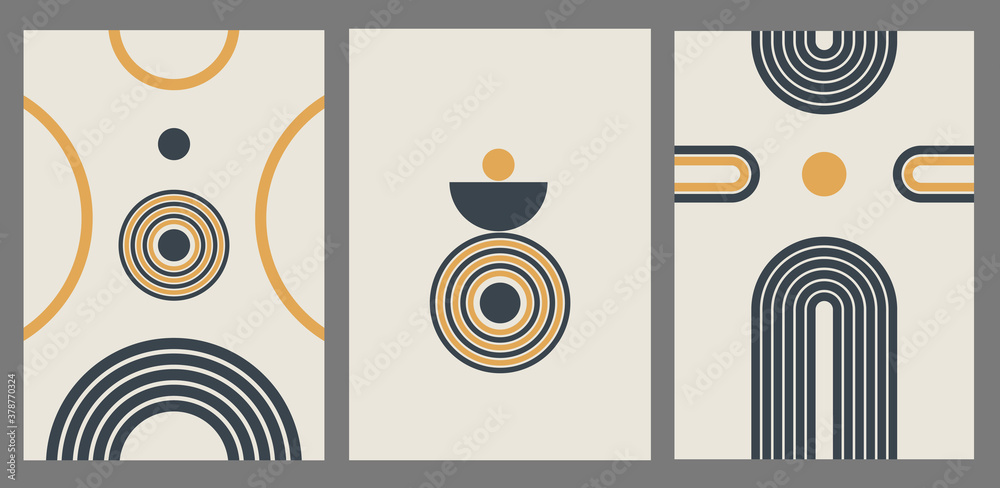 Poster Modern abstract set aesthetic backgrounds with geometric balance shapes. Wall decor in boho style. Organic vector print with a rainbow, circle and semicircle	
