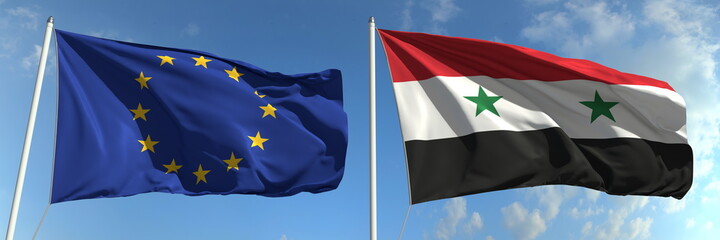 National flags of the European Union and Syria, 3d rendering