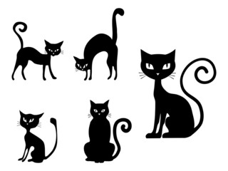Fototapeta na wymiar Set of various black cat silhouettes. Sitting cat. Halloween designs. vector 