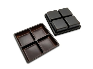 Dark brown empty plastic tray isolated on white background.