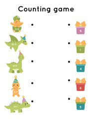Educational counting game for children. Subtraction and addition worksheet. Cute cartoon dinosaurs. Birthday theme.