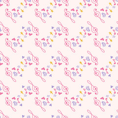 Cartoon cute doodles hand drawn Musical seamless pattern. Colorful detailed. Bright colors backdrop with music symbols and items