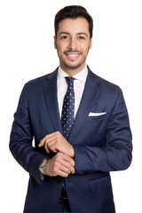Smiling business man isolated in white background, in blue suit, tie and watch