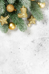 Christmas banner with a Christmas tree and gold decorations on a light background. Christmas or new year flatly. Copyspace