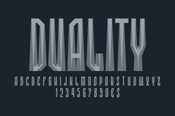 Duality artistic display font. Screen gray letters, numbers and currency signs. Isolated english alphabet. Vector monochrome lettering.
