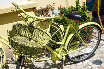 green retro bicycles in the street