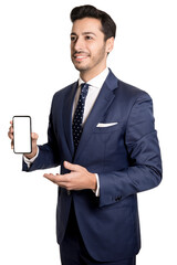 Side pose business man showing white cellphone in white background, with suit and tie