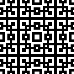 Seamless Chinese window tracery pattern. Repeated stylized black squares and crossed lines on white background. Lattice motif. Symmetric geometric grid wallpaper. Digital paper. Vector illustration