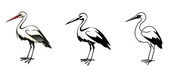 Set of vector illustrations of Stork. Logo design Stork. Black & white Stork