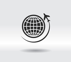 Globe with airplane icon, vector illustration. Flat design