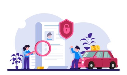 Fototapeta na wymiar Document checking concept. Characters Make a Deal Agreement. People with a document are standing near the car. Modern flat illustration.