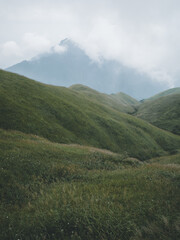 Meadow landscape with mountains covered by clouds on Wugong Mountain in Jiangxi, China