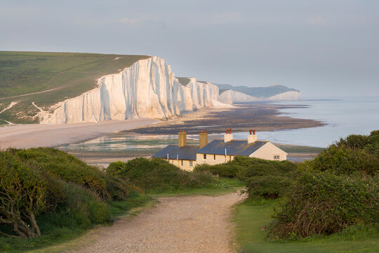 The Seven Sisters and Coastguard Cottages from Seaford Head, Seaford, East Sussex, England, UK