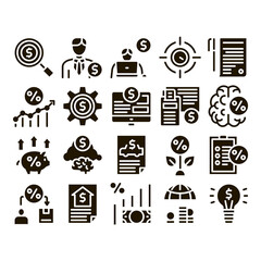 Investor Financial Glyph Set Vector Thin Line. Investor With Money Dollar And Lightbulb, Brain With Percentage Mark And Document Glyph Pictograms Black Illustrations