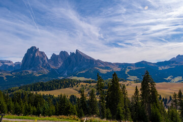 Panoramic landscape view of Dolomites Italy, alps siusi at Ortisei Italy.On october.