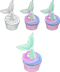 Pastel rainbow cupcackes with mermaid tails on top. Vector illustration in black and white and color scheme for games, background, pattern, decor. Print for fabrics and other surfaces. 