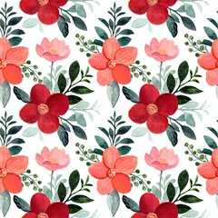 Foto op Aluminium Seamless pattern red flower and green leaves with watercolor © Asrulaqroni