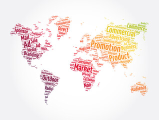 Fototapeta na wymiar Promotion word cloud in shape of world map, business concept background