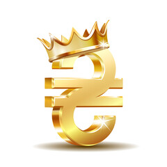 Shiny gold Ukrainian Hryvnia currency sign with golden crown. Vector illustration