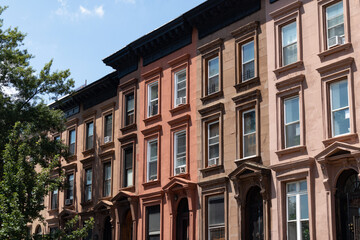 Row of Old Colorful Brownstone Homes in Bedford-Stuyvesant in Brooklyn of New York City