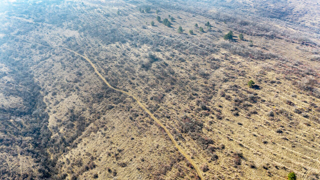 Beautiful landscape from above in haze. Сoast of the Khadzhibey estuary in early spring from a bird's eye view not far from Odessa.
