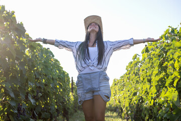 Happy girl with outstretched arms in the vineyard