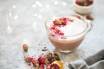 Pink matcha latte with milk. Trendy  beverage. Christmas drink