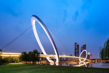China Nanjing city skyline and modern buildings, twilight landscape.