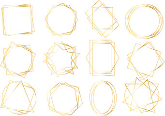 Golden geometric frames. Geometrical polyhedron, art deco style for wedding invitation, Realistic 3d Detailed Golden Polygonal Frames Thin Line Set for Invitation Decoration.